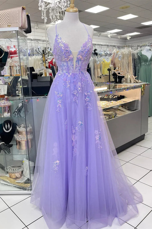 Glamorous A-line V Neck Sleeveless Tulle Embroidery Floor-Length Prom Dress