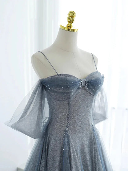 Glamorous Ball Gown Off-shoulder Beaded Dusty Blue Tulle Prom Dress For Sale