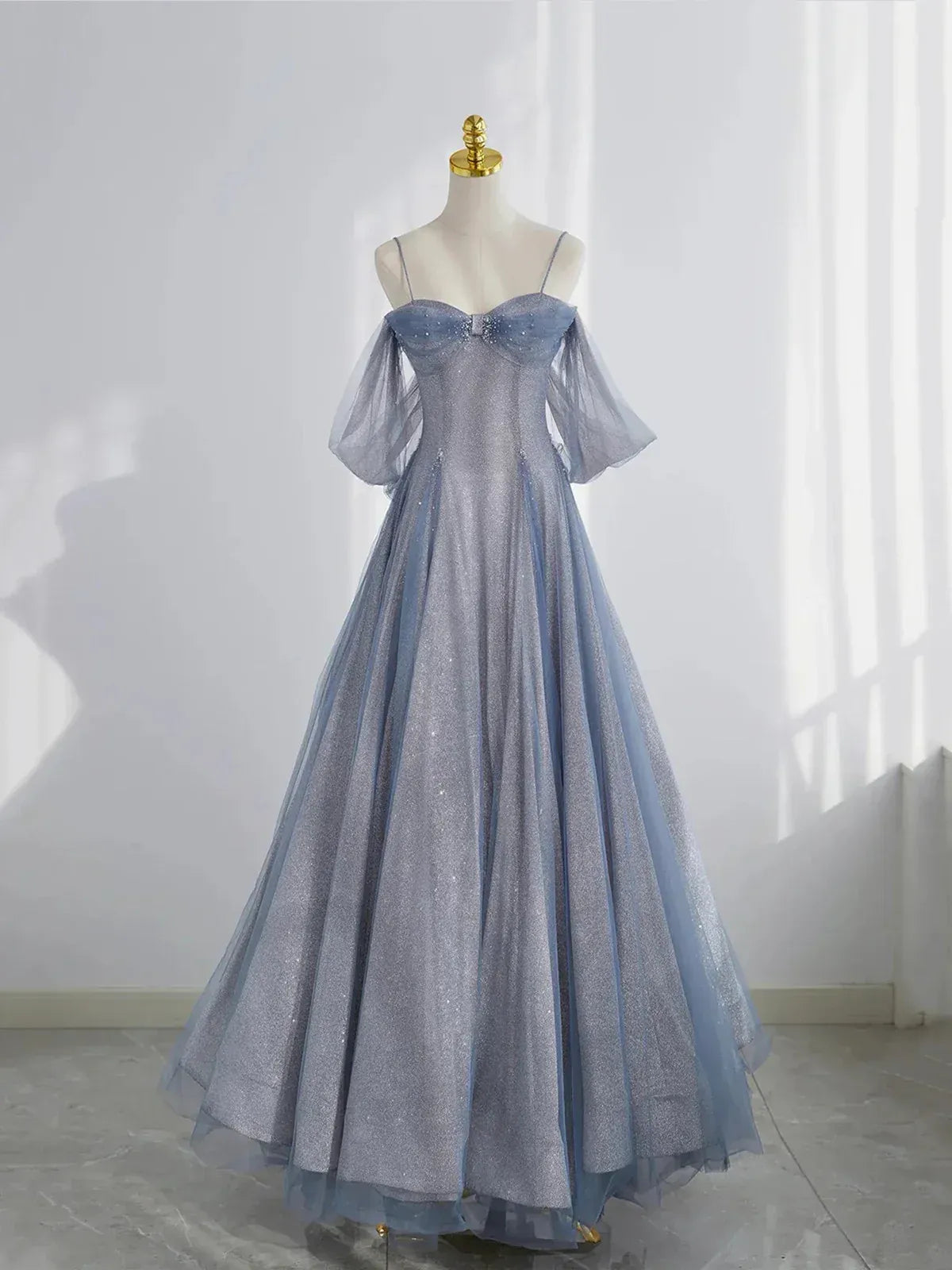 Glamorous Ball Gown Off-shoulder Beaded Dusty Blue Tulle Prom Dress For Sale