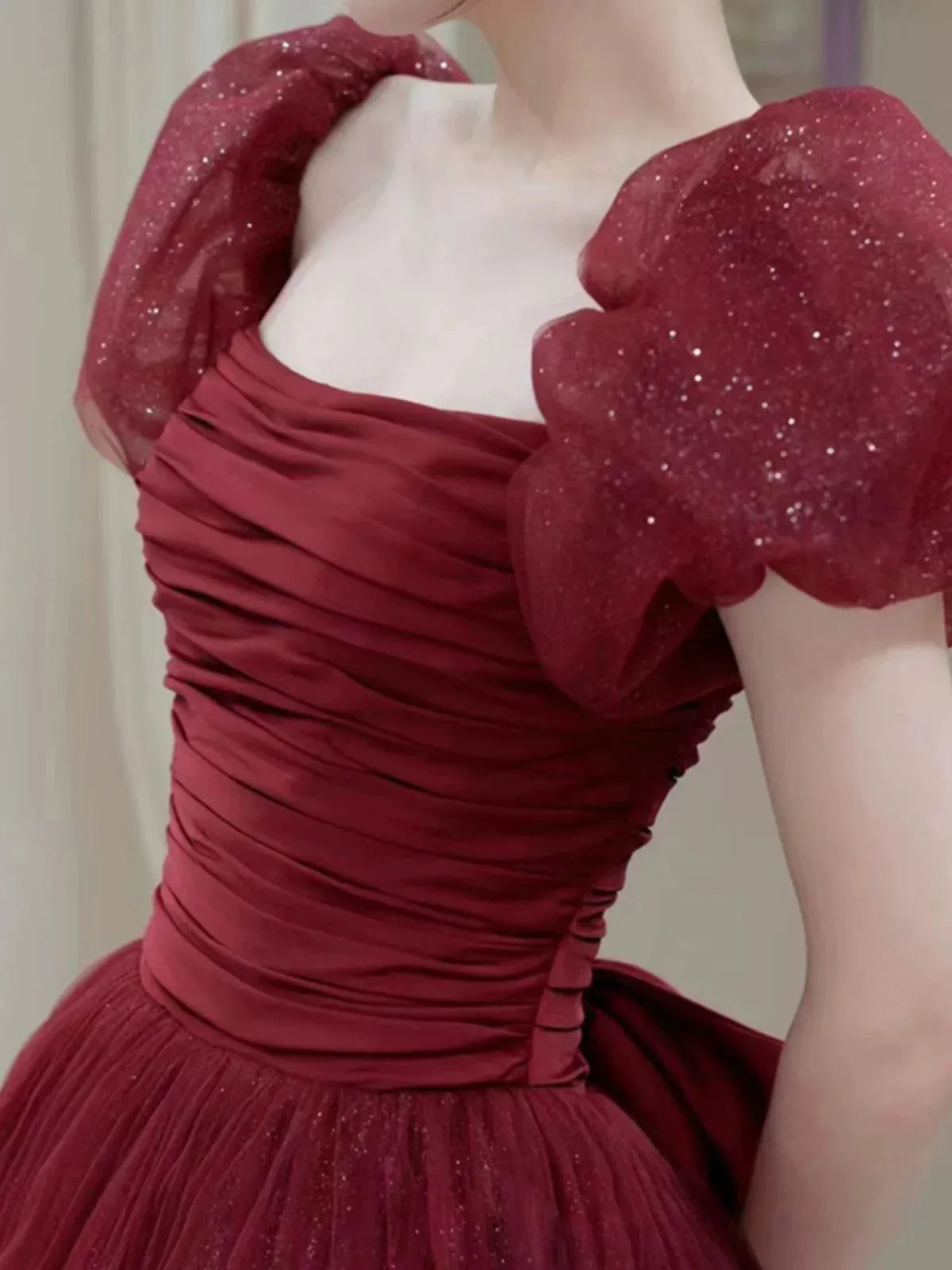 Glamorous Ball Gown Off-shoulder Bow Burgundy Tulle Prom Dress Custom