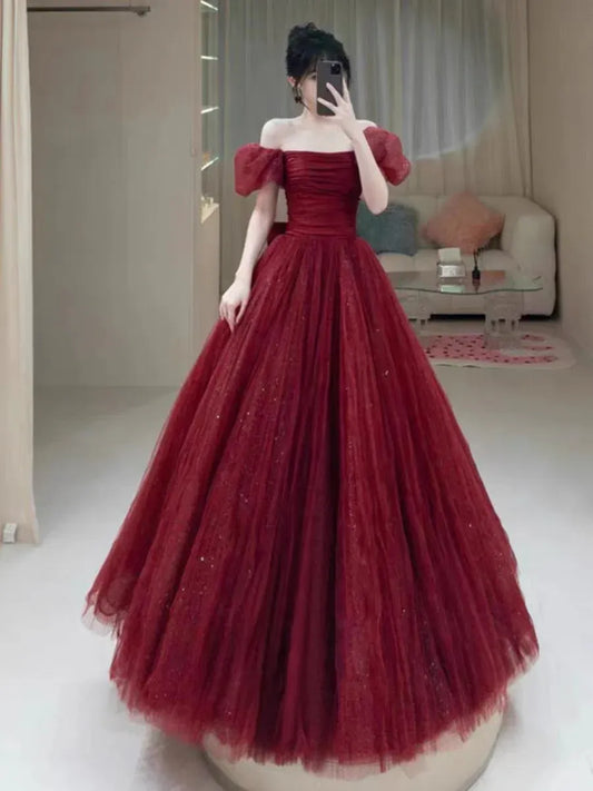 Glamorous Ball Gown Off-shoulder Bow Burgundy Tulle Prom Dress Custom