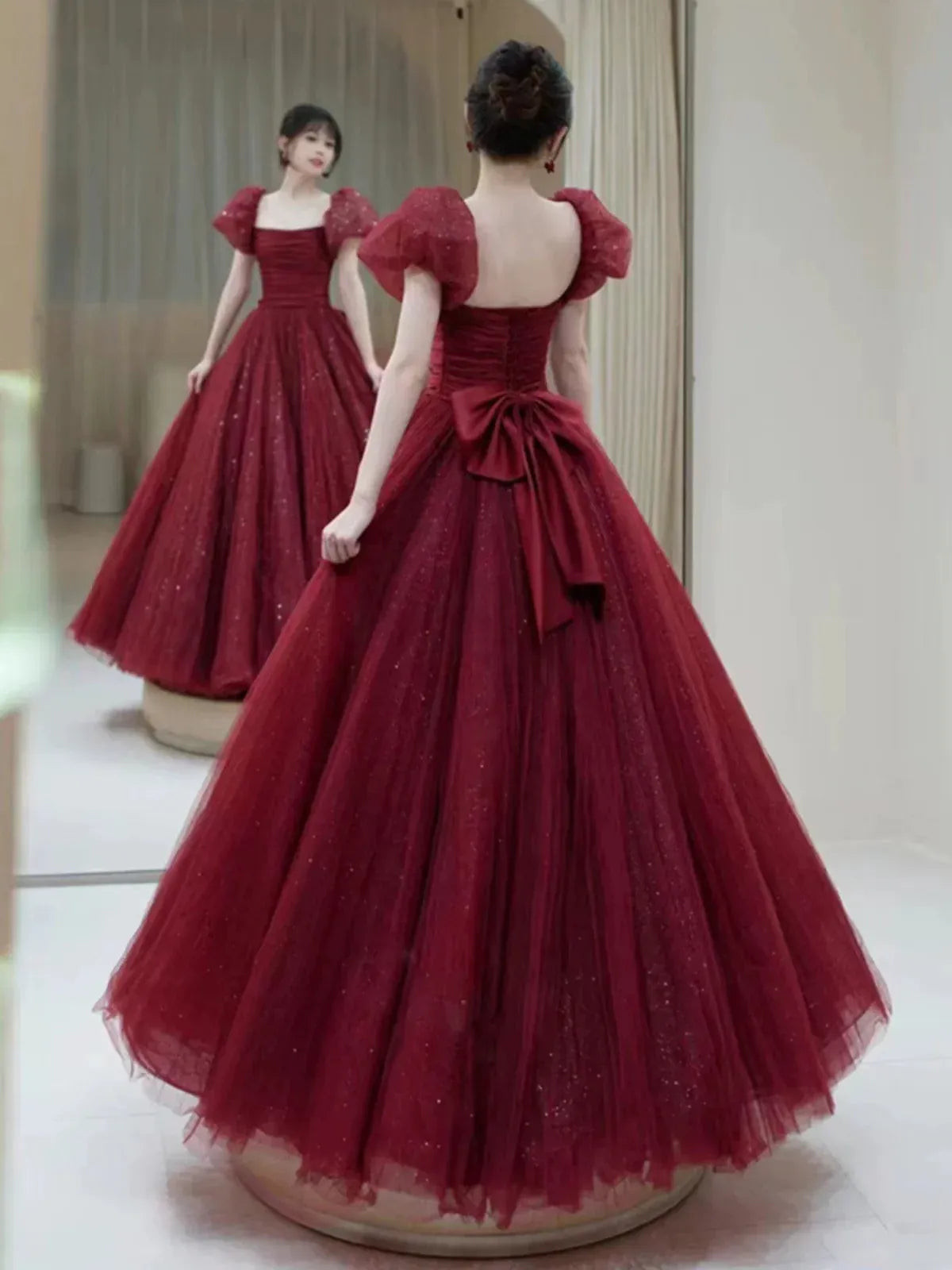 Glamorous Ball Gown Off-shoulder Bow Burgundy Tulle Prom Dress Custom