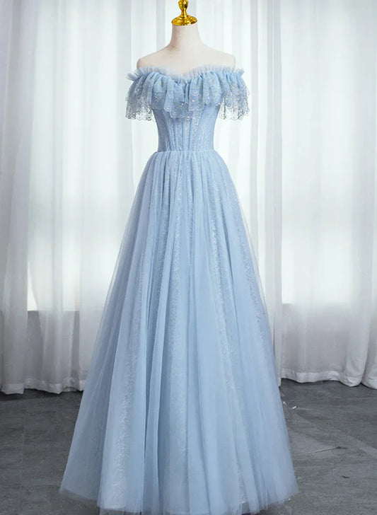 Glamorous Ball Gown Off Shoulder Sequin Light Blue Floor-Length Prom Dresses