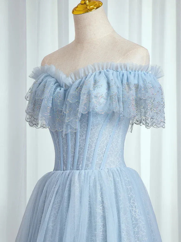 Glamorous Ball Gown Off Shoulder Sequin Light Blue Floor-Length Prom Dresses