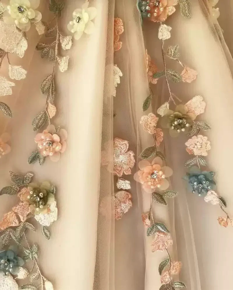 Glamorous Ball Gown One Shoulder Floral Applique Blush Floor-Length Prom Dresses