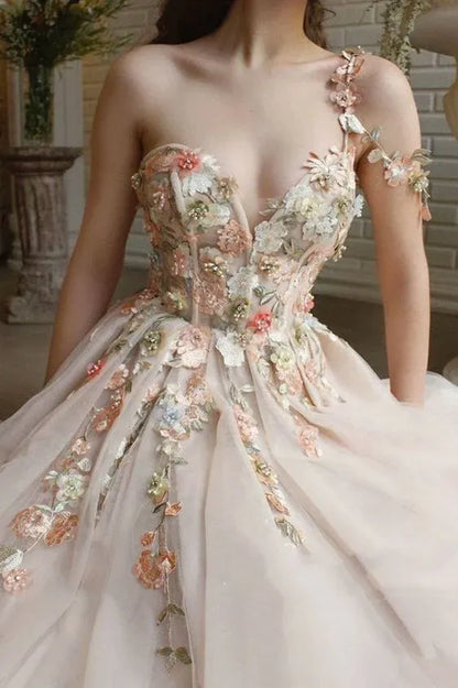 Glamorous Ball Gown One Shoulder Floral Applique Blush Floor-Length Prom Dresses