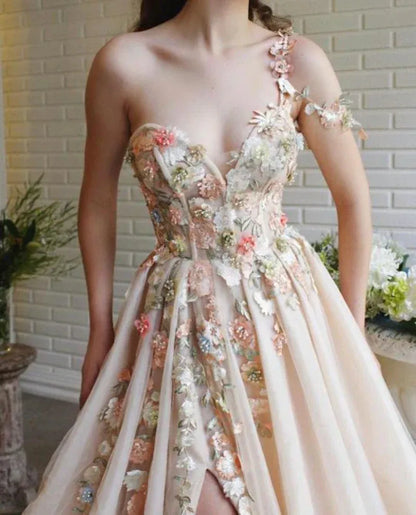 Glamorous Ball Gown One Shoulder Floral Applique Blush Floor-Length Prom Dresses