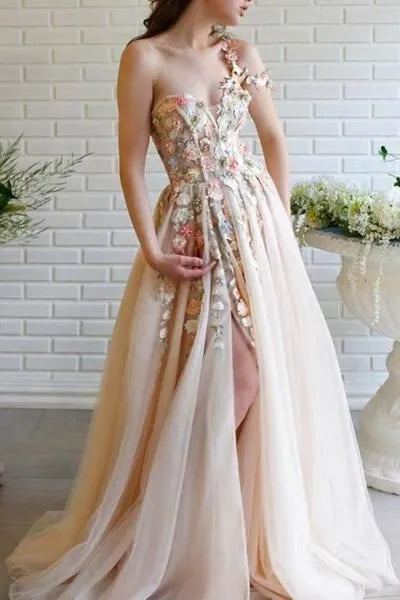 Glamorous Ball Gown One Shoulder Floral Applique Blush Floor-Length Prom Dresses