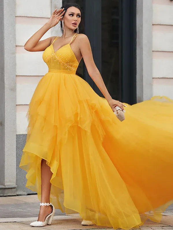 Glamorous Ball Gown Spaghetti Beaded Yellow Ruffle Train Prom Dress For Sale