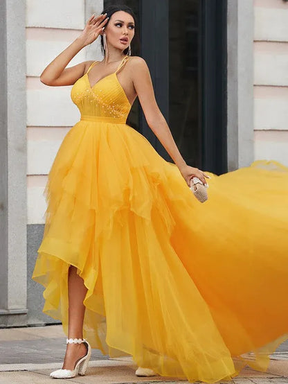 Glamorous Ball Gown Spaghetti Beaded Yellow Ruffle Train Prom Dress For Sale