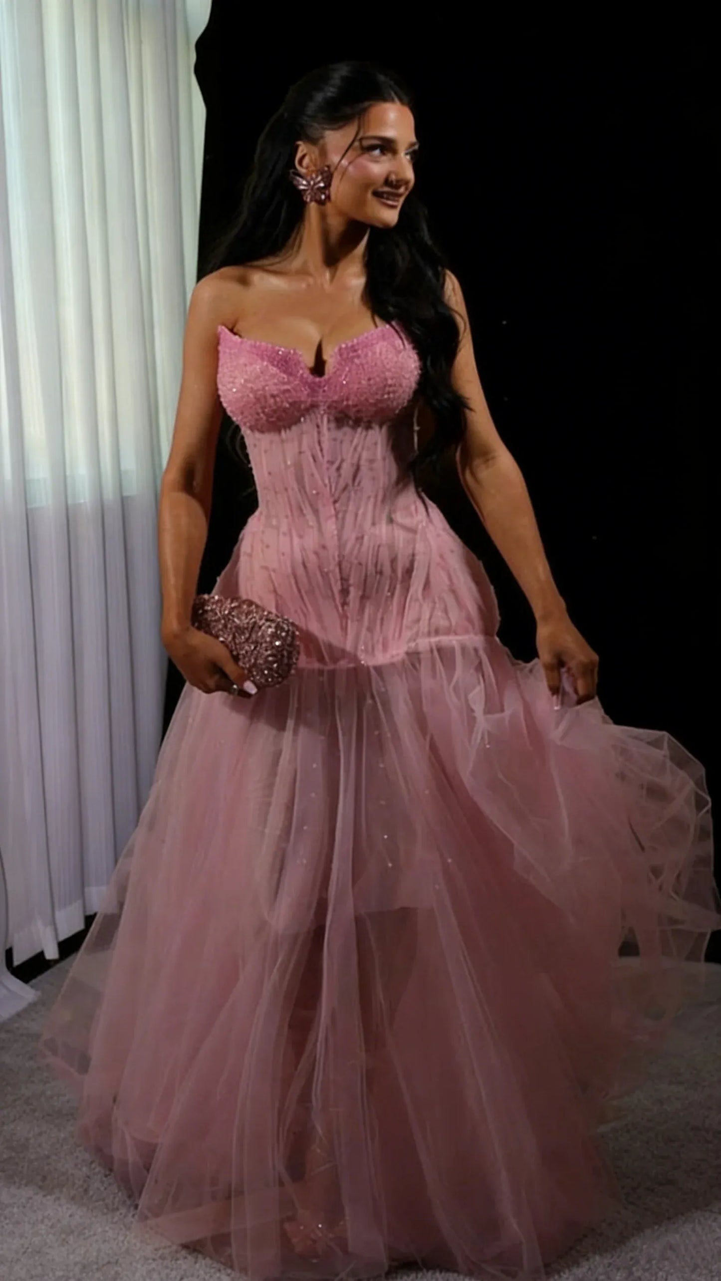 Glamorous Ball Gown Strapless Beaded Tulle Maxi Evening Dress