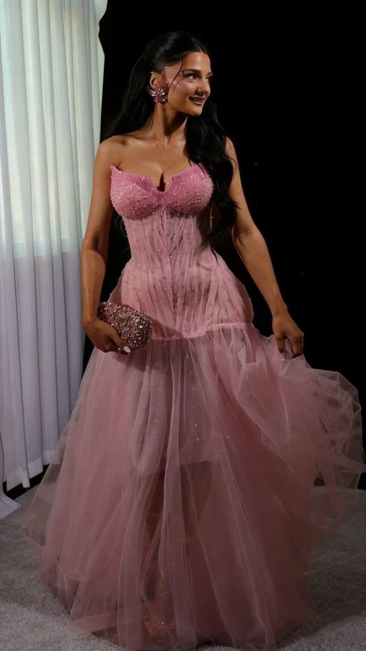 Glamorous Ball Gown Strapless Beaded Tulle Maxi Evening Dress