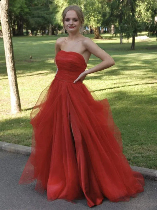 Glamorous Ball Gown Strapless Ruffled Red Floor-Length Prom Dresses