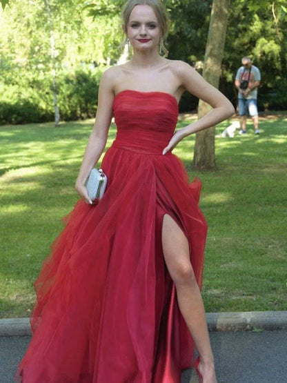 Glamorous Ball Gown Strapless Ruffled Red Floor-Length Prom Dresses