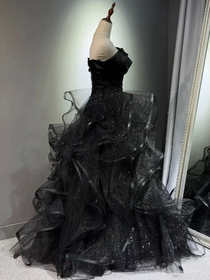 Glamorous Ball Gown Strapless Ruffles Black Floor Length Prom Dress