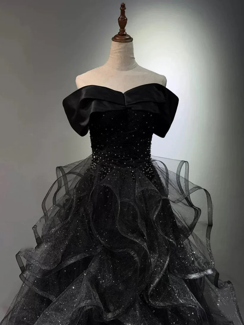 Glamorous Ball Gown Strapless Ruffles Black Floor Length Prom Dress