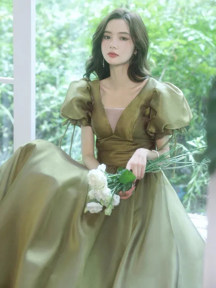 Glamorous Ball Gown V-Neck Puffed Sleeve Lace-Up Olive Floor-Length Prom Dresses