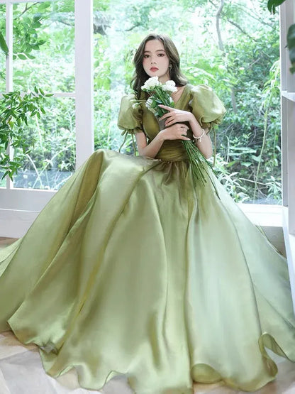 Glamorous Ball Gown V-Neck Puffed Sleeve Lace-Up Olive Floor-Length Prom Dresses