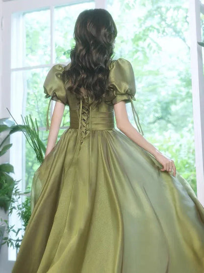 Glamorous Ball Gown V-Neck Puffed Sleeve Lace-Up Olive Floor-Length Prom Dresses