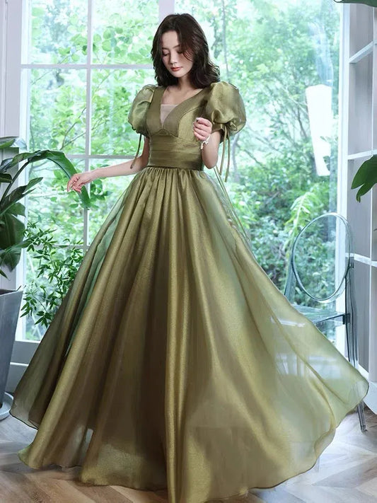 Glamorous Ball Gown V-Neck Puffed Sleeve Lace-Up Olive Floor-Length Prom Dresses