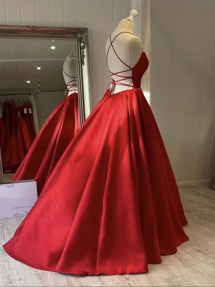 Glamorous Ballgown Spaghetti-Strap Sleeveless Lace-Up Red Maxi Prom Dress for Women Custom