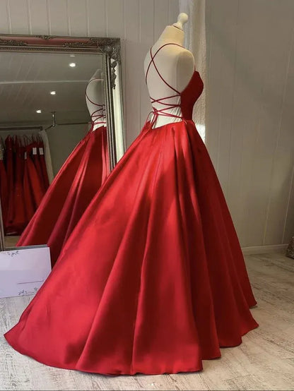 Glamorous Ballgown Spaghetti-Strap Sleeveless Lace-Up Red Maxi Prom Dress for Women Custom