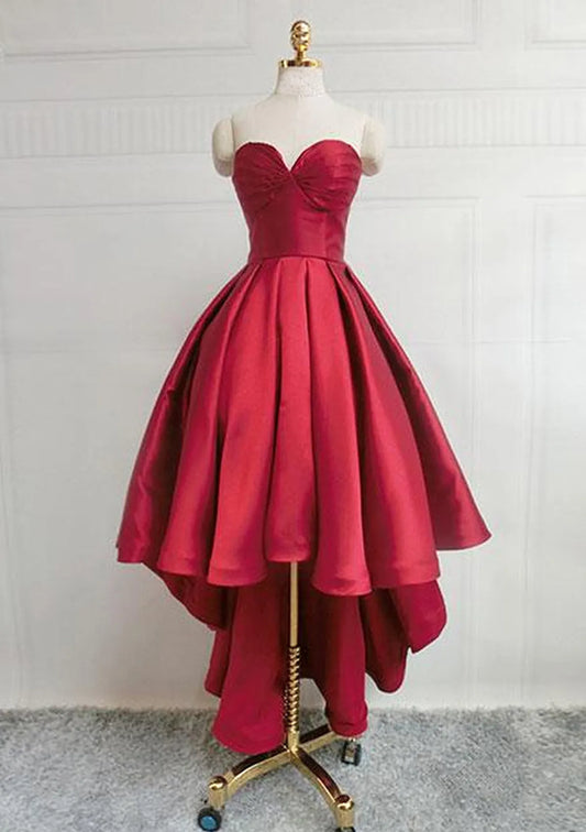 Glamorous Ballgown Sweetheart Sleeveless Ruched Satin Burgundy High-Low Evening Dress For Women