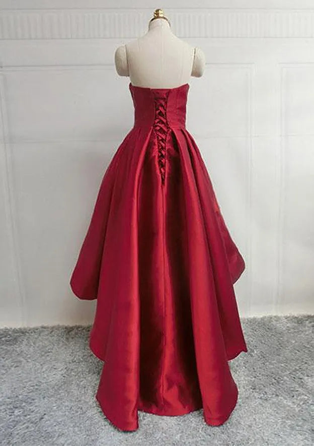 Glamorous Ballgown Sweetheart Sleeveless Ruched Satin Burgundy High-Low Evening Dress For Women