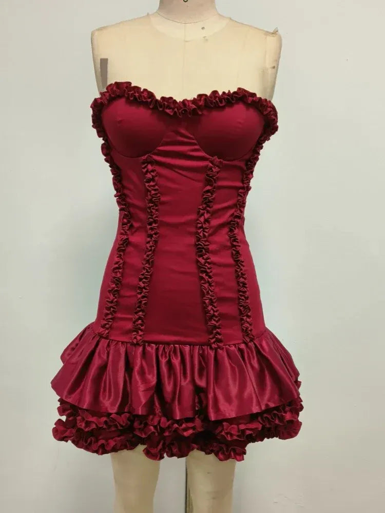 Glamorous Bodycon Strapless Sweetheart Neck Ruffled Satin Red Mini Homecoming Dress