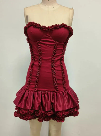 Glamorous Bodycon Strapless Sweetheart Neck Ruffled Satin Red Mini Homecoming Dress