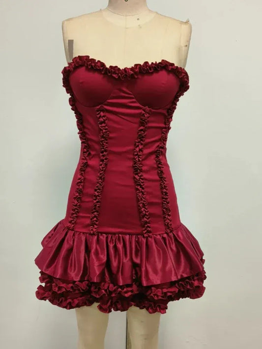 Glamorous Bodycon Strapless Sweetheart Neck Ruffled Satin Red Mini Homecoming Dress