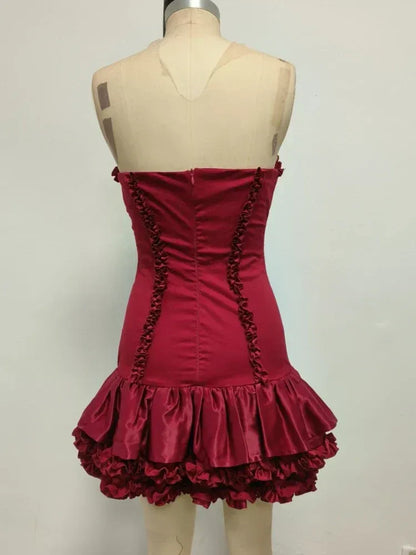 Glamorous Bodycon Strapless Sweetheart Neck Ruffled Satin Red Mini Homecoming Dress