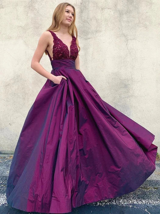 Glamorous Deep V Sleeveless Lace Burgundy Floor-Length Prom Dress