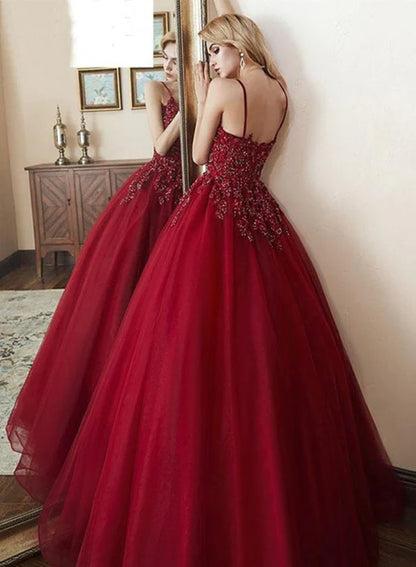 Glamorous Deep V Spaghetti Strap Beaded Burgundy Prom Dress
