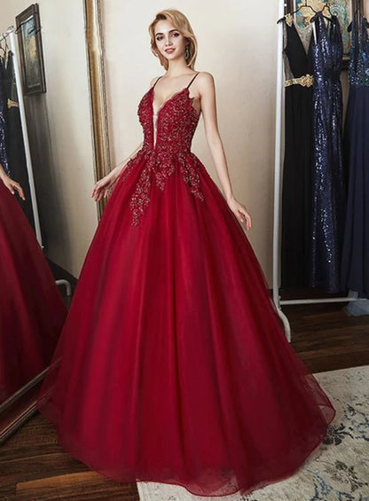 Glamorous Deep V Spaghetti Strap Beaded Burgundy Prom Dress