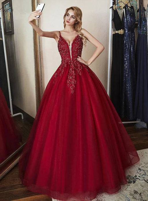 Glamorous Deep V Spaghetti Strap Beaded Burgundy Prom Dress