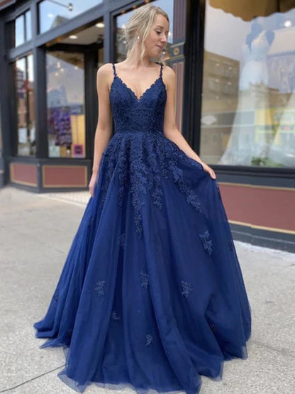 Glamorous Deep V Spaghetti Strap Lace Navy Blue Floor-Length Prom Dress