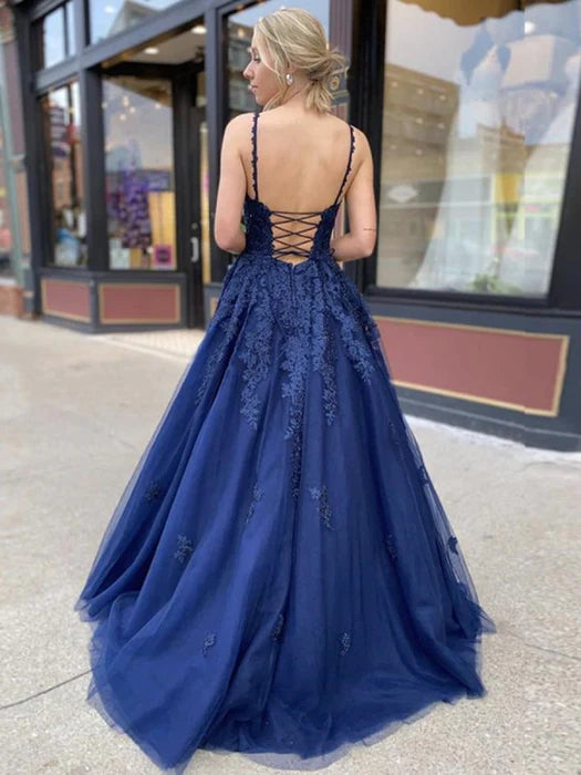 Glamorous Deep V Spaghetti Strap Lace Navy Blue Floor-Length Prom Dress