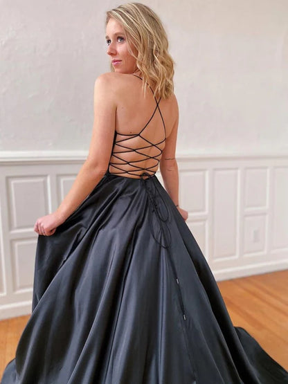 Glamorous Deep V Spaghetti Strap Satin Black Floor-Length Prom Dress