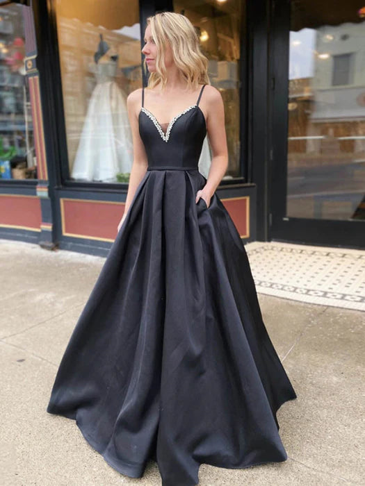 Glamorous Deep V Spaghetti Strap Satin Black Floor-Length Prom Dress