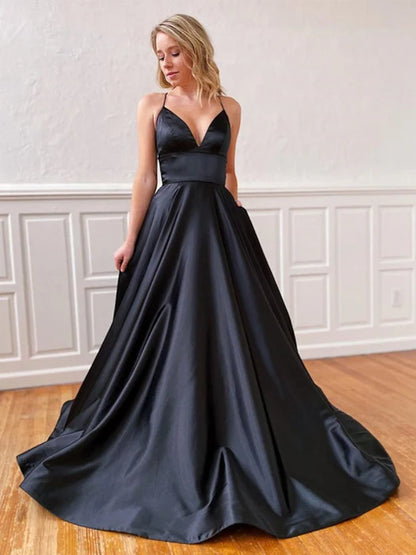 Glamorous Deep V Spaghetti Strap Satin Black Floor-Length Prom Dress