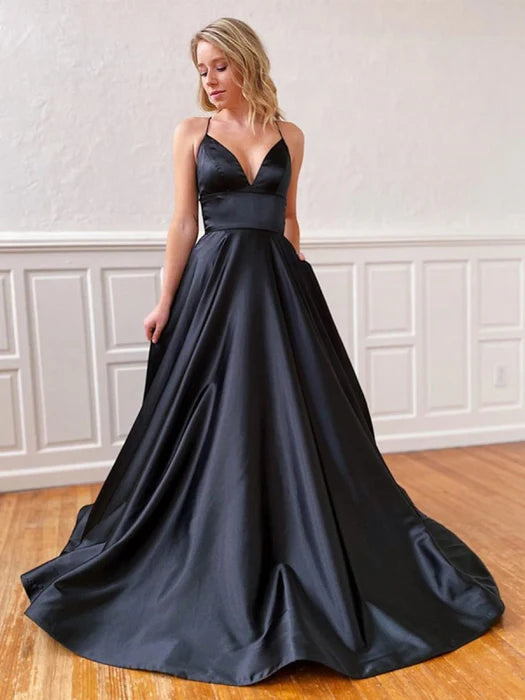 Glamorous Deep V Spaghetti Strap Satin Black Floor-Length Prom Dress