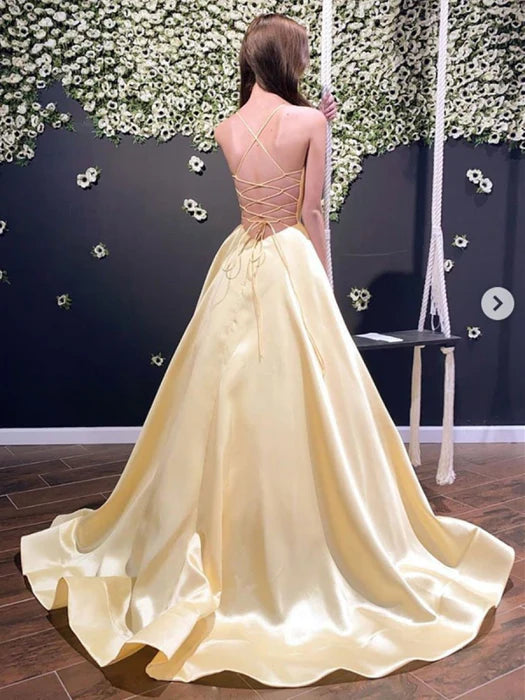 Glamorous Deep V Spaghetti Strap Satin Yellow Floor-Length Prom Dress