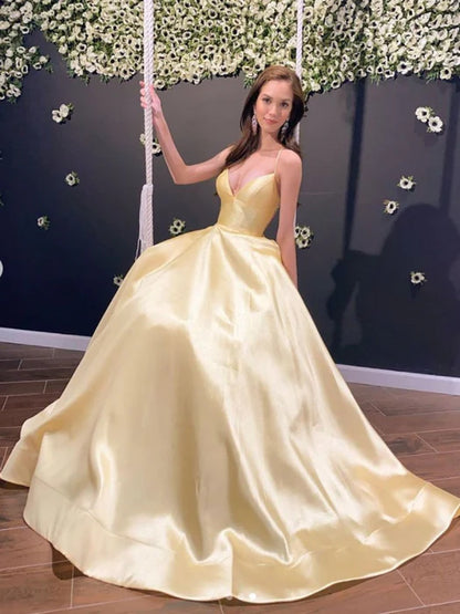 Glamorous Deep V Spaghetti Strap Satin Yellow Floor-Length Prom Dress