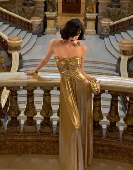 Glamorous Flowy Strapless Sleeveless Ruched Gold Maxi Prom Dress for Women Custom