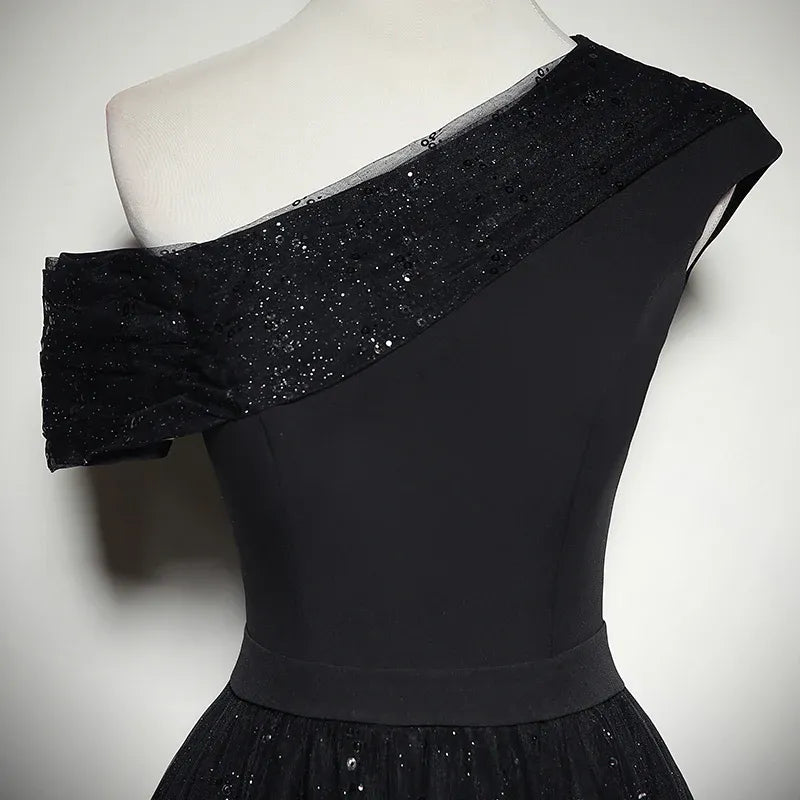 Glamorous Glitter-Tulle Long Evening Dress Black One-Shoulder Party Gown for Women