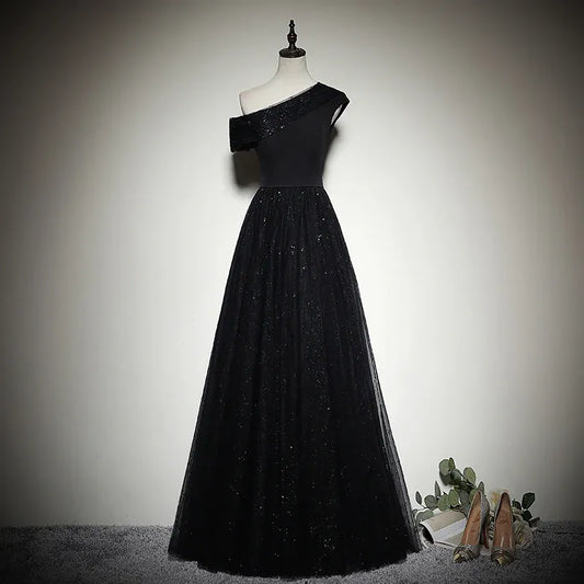 Glamorous Glitter-Tulle Long Evening Dress Black One-Shoulder Party Gown for Women