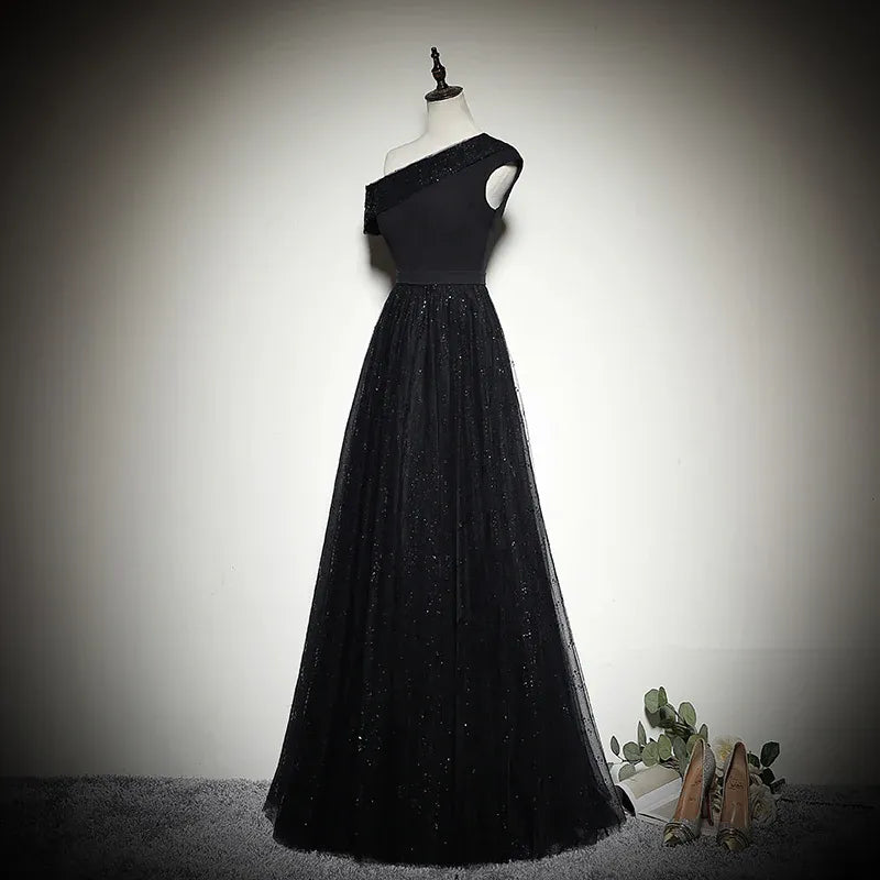 Glamorous Glitter-Tulle Long Evening Dress Black One-Shoulder Party Gown for Women
