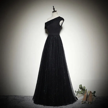Glamorous Glitter-Tulle Long Evening Dress Black One-Shoulder Party Gown for Women