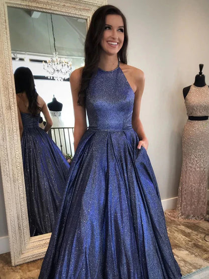 Glamorous Halter Sequin Royal Blue Floor-Length Prom Dress